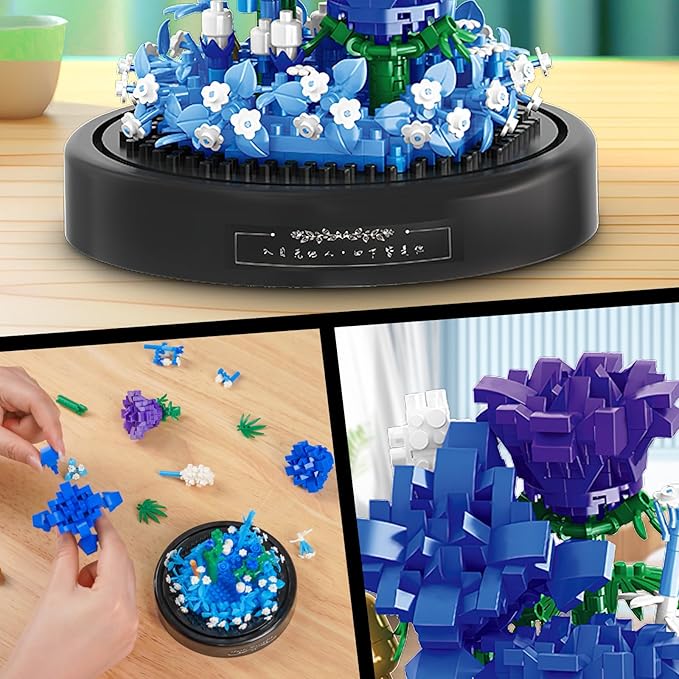 QLT QIAOLETONG Flower Bouquet Building Set, 630 PCS Blue Rose Mini Building Blocks Kit for Adults, Flowers Botanical Collection for Home Decor, Mother's Day for Her Mom Women Wife Girlfriend