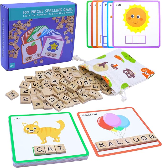 Spelling Games with 30 Double-Sided Flash Cards, 100Pcs Wooden Letters Sight Words Matching Game, Alphabet ABC Learning Educational Toys for Kids Ages 3-8