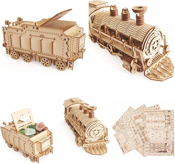 3D Wooden Puzzle - DIY Mechanical Steam Train Model Kits - Wood Crafts Vehicle Building Model - Wooden STEM Brain Teaser Puzzle - Steam Train Christmas Birthday Gifts for Adults & Teens