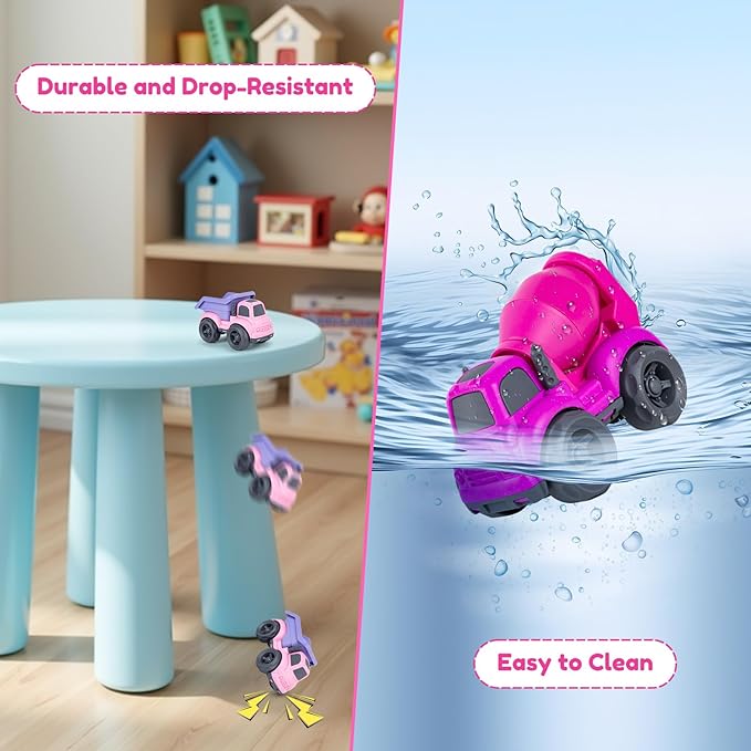 Dump Truck Toys for 3 Year Old Boys, BPA Free, Phthalates Free, PVC, Dump Truck, Mixer Cement, Easter Christmas Birthday Gifts for 2 3 4 Year Boy Girl. Dishwasher Safe,Recycled Plastic (Pink)