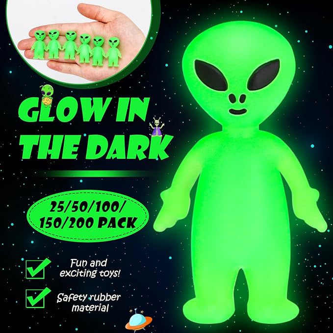 200 Pcs Mini Alien Figures Glow in The Dark Small Little Tiny Aliens Figurine to Hide and Seek for Space Party Favors Prank Rubber Toys Bulk Gifts for Halloween Party Goodie Bag Fillers