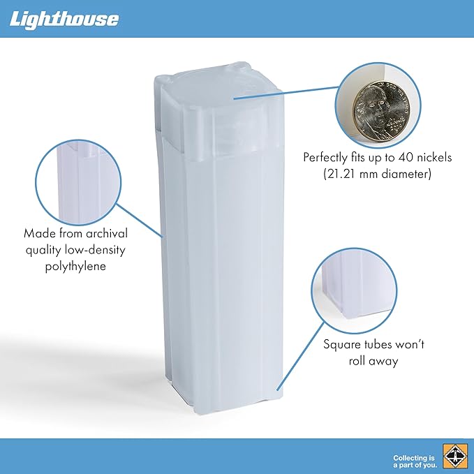 LIGHTHOUSE - Square Coin Tubes - Convenient Push Top, Virtually Unbreakable, Acid Free and Archival Quality - Coin Tubes for US Nickels, 100 Pack