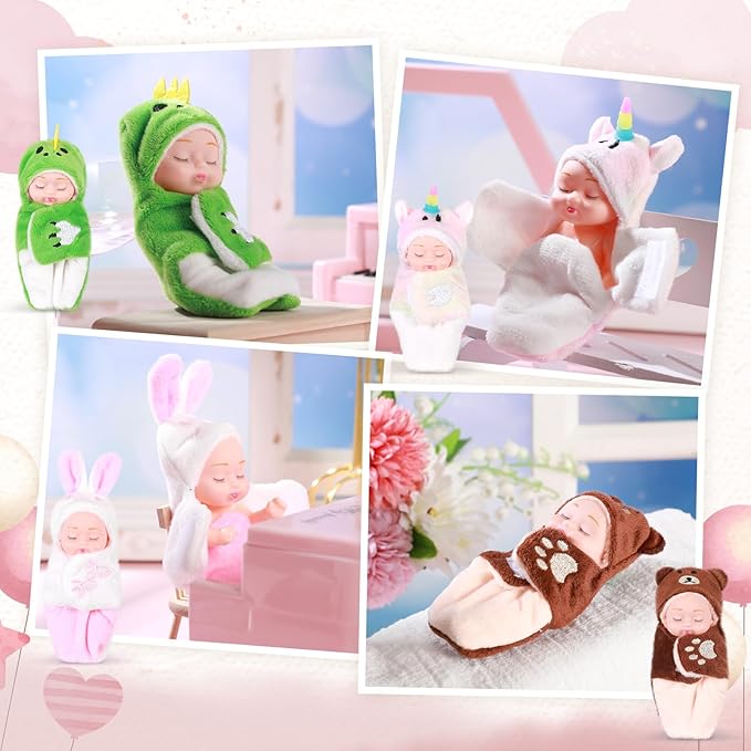 Hanaive 4 Pcs 4 Inch Mini Baby Dolls Lifelike Realistic Baby Dolls Animal Clothes Cute Tiny Gifts for Kids Birthday Party(Kawaii Style)
