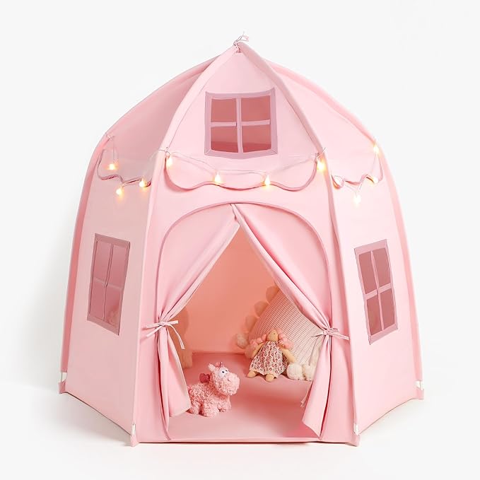 besrey Hexagonal Kids Play Tent, Large Children's Fort with Star Lights, Easy Setup for Indoor Outdoor Playhouse, Gift for Boys Girls, Pink