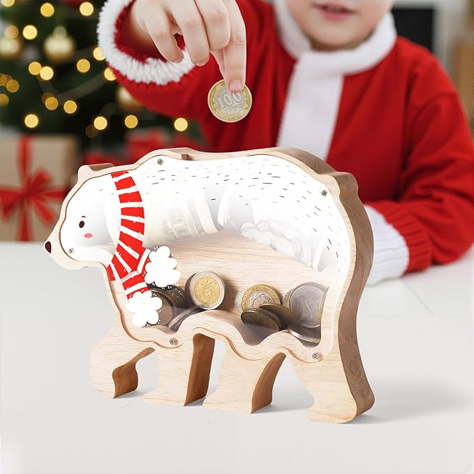 Wooden Christmas Piggy Bank for Kids, Adorable Bear Piggy Bank with Acrylic Panels, Unbreakable Toddler Money Box for Boys Girls, Cute Christmas Saving Coin Jar for Birthday, Decor