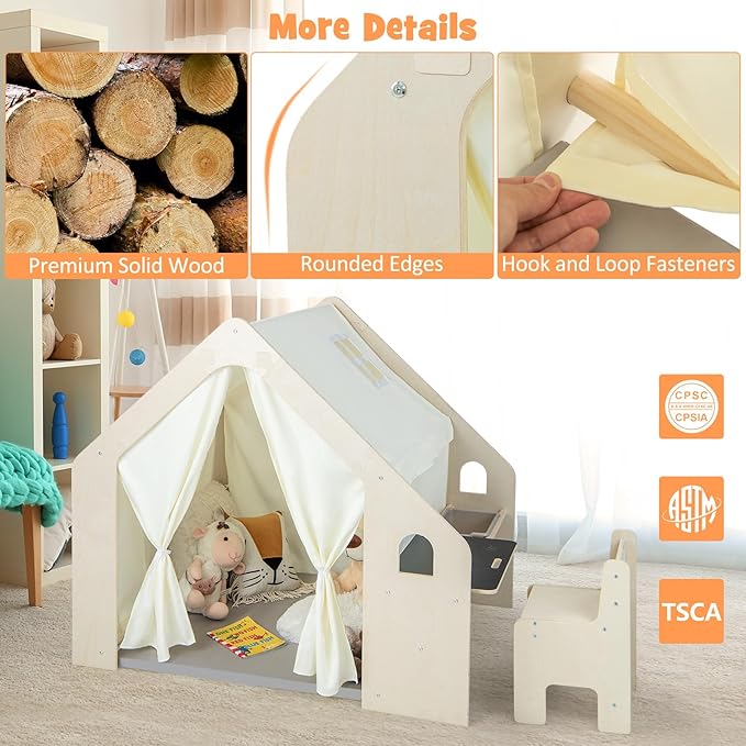 Costzon Kids Tent, 6-in-1 Wooden Frame Play House with Table and Chair Set, Blackboard, Side Storage Bag & Soft Floor Mat, Indoor Playhouse for Boys Girls Aged 2-6 Years Old