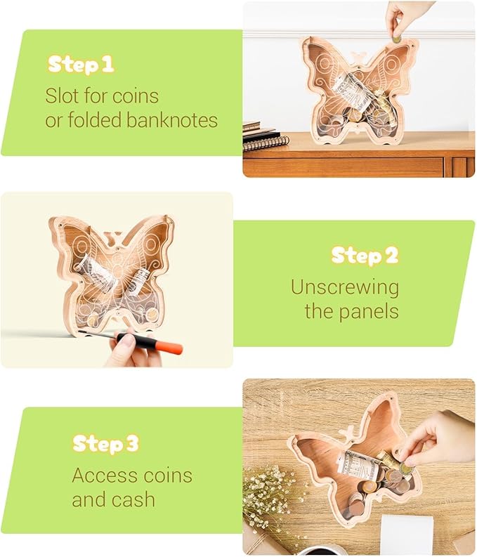 Wooden Butterfly Piggy Banks for Kids Money Coin Bank, Elegant Unbreakable Piggy Bank Kids Safe Money Box, Toddler Birthday Baptism Gifts for Girls Boys Butterfly Lovers, Small