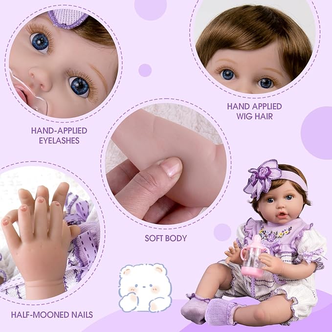 Aori Reborn Baby Dolls - 22 Inch Realistic Lifelike Baby Girl - Handmade Vinyl Reborn Doll with Feeding Set & Purple Outfit | Newborn Baby Doll for Kids 3+, Collectors, Role Play