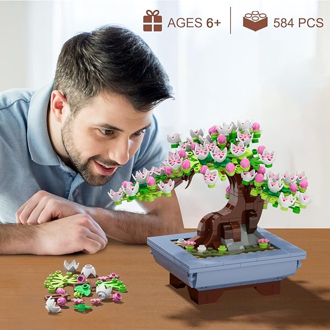 HOGOKIDS Cherry Blossom Flowers Building Set - 584PCS 4 Seasons Bonsai Tree Building Block Toy, Botanical Collection DIY Plant Home Office Decor for Adults, Flora Birthday Gift for Kids Girls Boys 6+