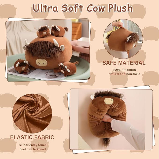 SQEQE Highland Cows Stuffed Animals 5 in 1, Cute Fluffy Cow Plush with 4 Babies in Tummy, Soft Highland Cattle Kid Bedtime for Christmas Valentine's Birthday Gifts, Plushies Decor for Boys Girls