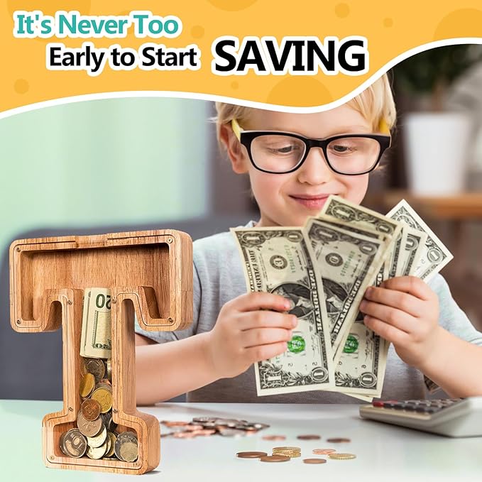 SummiDate Wooden Letter Piggy Bank Piggy Bank for Boys and girls Alphabet Money Bank Thanks Giving Gifts(Initial-T)