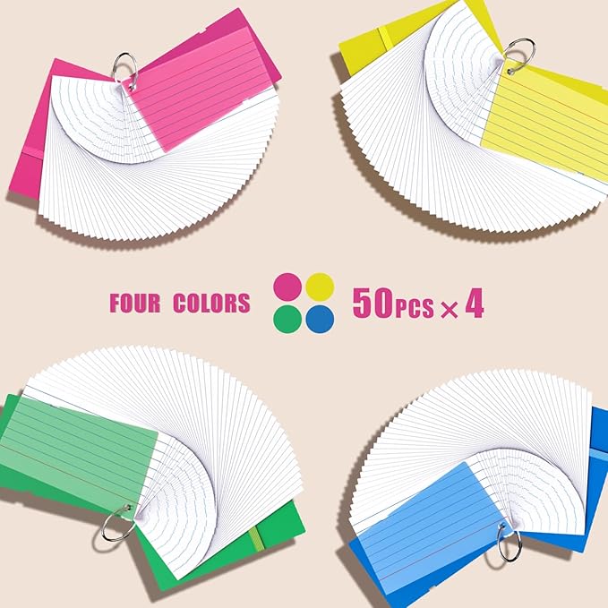 Index Cards 3x5, Flash Cards with Ring, 200 PCS, Ruled Note Cards, Flash Cards for Studying, 4 Packs of 50 sheets, 3x5 Note Cards for Office, Home, School