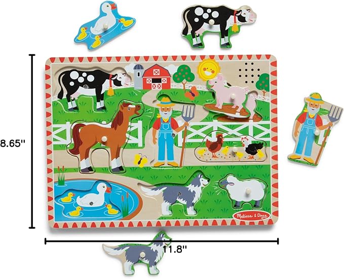 Melissa & Doug Old MacDonald's Farm Song Puzzle – 8-Piece Wooden Peg Puzzle with Light-Activated Sounds, Music Learning Toy for Toddlers and Preschoolers Ages 2+