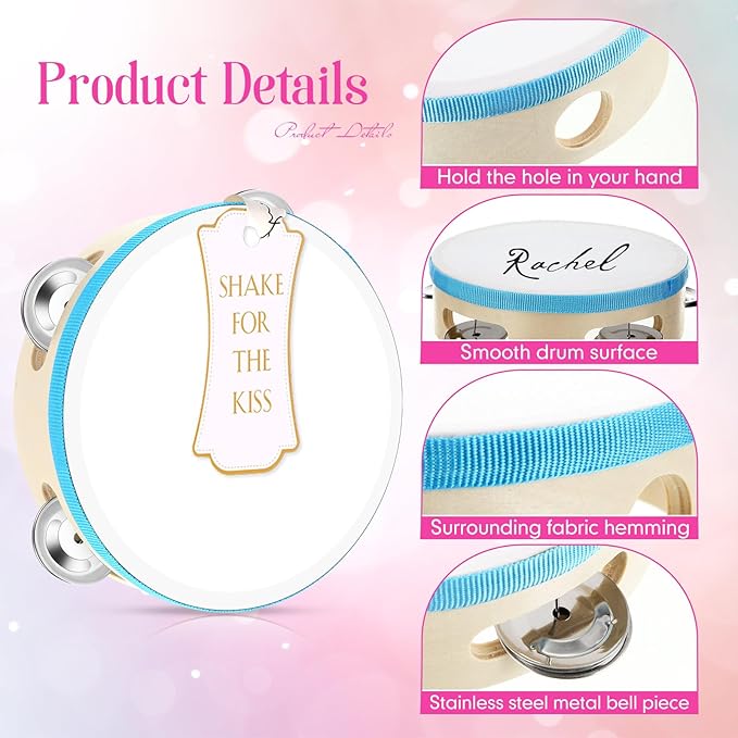 24 Set Tambourine for Adults Wooden Hand Held Drum with Metal Jingles, Gift Tags, White I Love You Printed Ribbon Percussion Gift Musical Instrument for Church Wedding Party (Colorful,6 Inch)