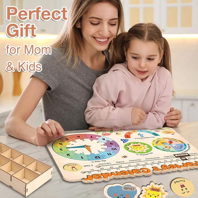 Interactive Calendar for Kids Ages 3+, Wooden Toddler Calendar, Teaching Seasons, Years, Months, Days of Week, Daily Activity Calendars for Kid Preschool & Homeschool (03 - Custom Name)