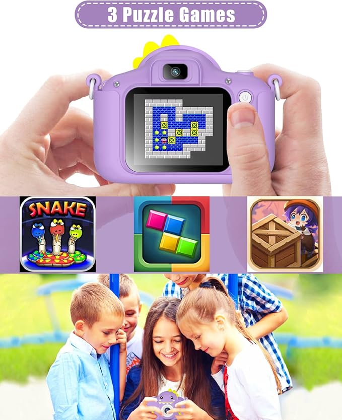 Hangrui Dinosaur Kids Camera Toys, Birthday Graduation Gifts for Girls Boys 3-12, 1080P HD Selfie Digital Video Camera for Toddlers,Travel Gifts Dino Toys for 4 5 6 7 8 9 Years Old(Purple)