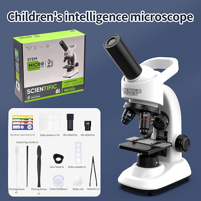 Microscope for Kids Scientific Experiment Kit 40X-1600X Magnification LED Light Educational STEM with Slides and Lab Tools Ages 6-12 (White)