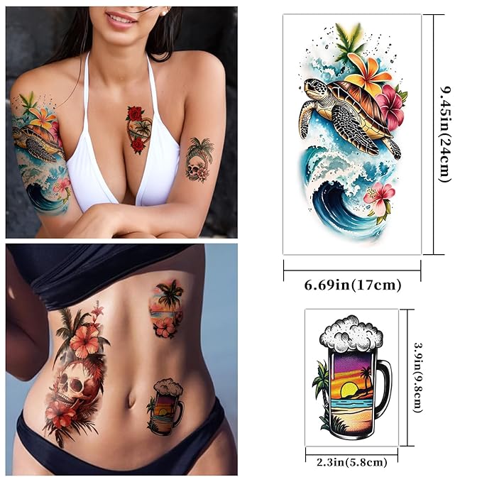 48 Sheets Temporary Tattoos for Adults - Tropical Waterproof Arm Tattoo Stickers with Hawaiian Beach Palm Trees Sunset Flowers, Large Full Arm Fake Tattoo Body Art for Men Women Teens for Summer Party