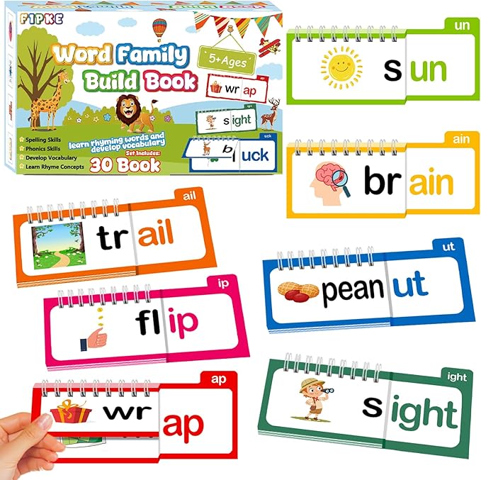Word Family Build Book, 30 Read and Rhyme Flip Activity Book, ABC Vocabulary Flash Cards CVC Words Reading Games for Kids Ages 3-8 Preschool Learning Activities Families Educational Games