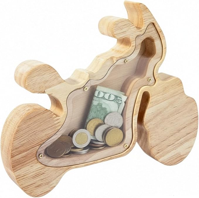 Motorcycle Shaped Wooden Piggy Bank Transparent Acrylic Panel Money Savings Box Creative Coin Bank for Kids Boys Adults, Birthday Home Décor
