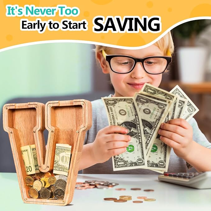 SummiDate Wooden Letter Piggy Bank| Piggy Bank for Boys Girls Toddler| Alphabet V Money Bank| Coin Bank Birthday Gift for Kids|Birthday Gift for Kids (V)