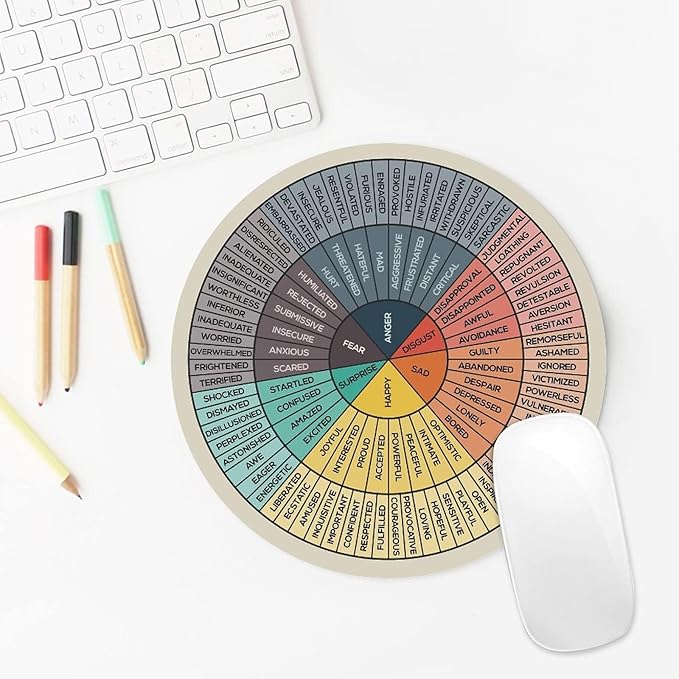 Emotions Feelings Wheel Chart, Round Mouse Pad, Non-Slip Gaming Mouse Pad, Computer Pc Mental Health Mousepad, Rubber Base for Therapy Office Home 7.8x7.8 Inch