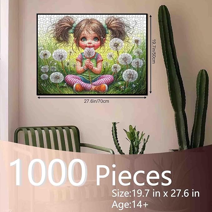 Tucocoo Whimsical 1000 Piece Jigsaw Puzzle for Adults, Cute Cartoon Girl with Dandelions, Colorful Fantasy Art, Challenging and Fun Brain Teaser Puzzles Gift for Women and Puzzle Lovers, Home Decor