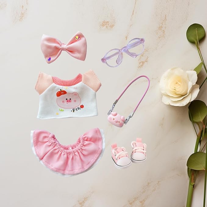 17cm Doll Clothes Set, 6 Pieces Dress Skirt Outfit Set for 6.7inch Doll Suit, Cute Fashion Bowknot Shoes Clothes Accessories for 1st/2nd/3rd Gen Dolls Play & Display Pink