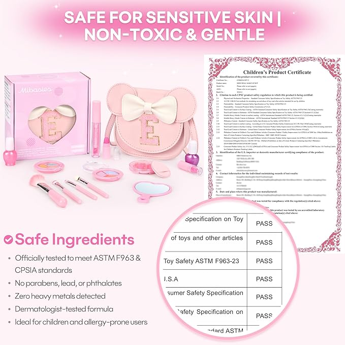 Kids Makeup Kit for Girls - 15 Pcs Real Washable Make Up Set - Non Toxic Toddlers Cosmetic with Letter Mouse Ear Purse - Dress up Birthday Gifts for 3 4 5 6 7 8 Years Old Girls - E