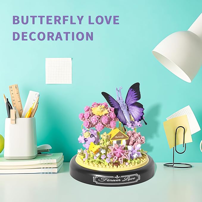 582 PCS Micro Brick Flower Butterfly Bouquet Building Sets, Animals Botanical Collection Blocks Model for Adult Toys,Home Decor and Office Art Creative Gift Women, Mom,Girl - Valentine’s Day Gift