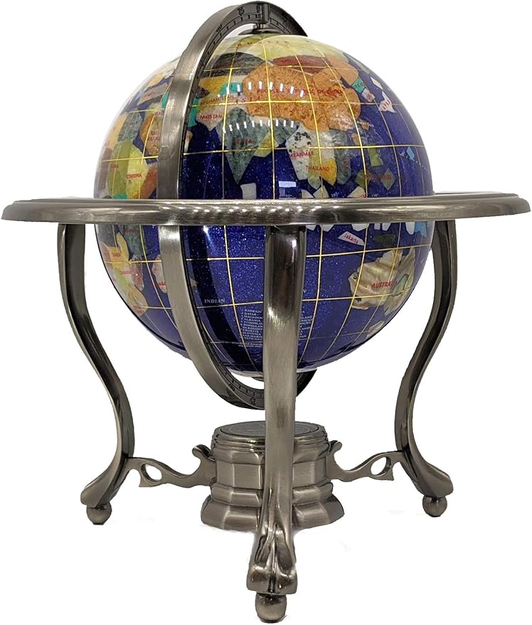 Unique Art 10-Inch Tall Table Top Blue Crystallite Ocean Gemstone World Globe with Silver Tripod Stand (BLUE CRYSTALLITE)
