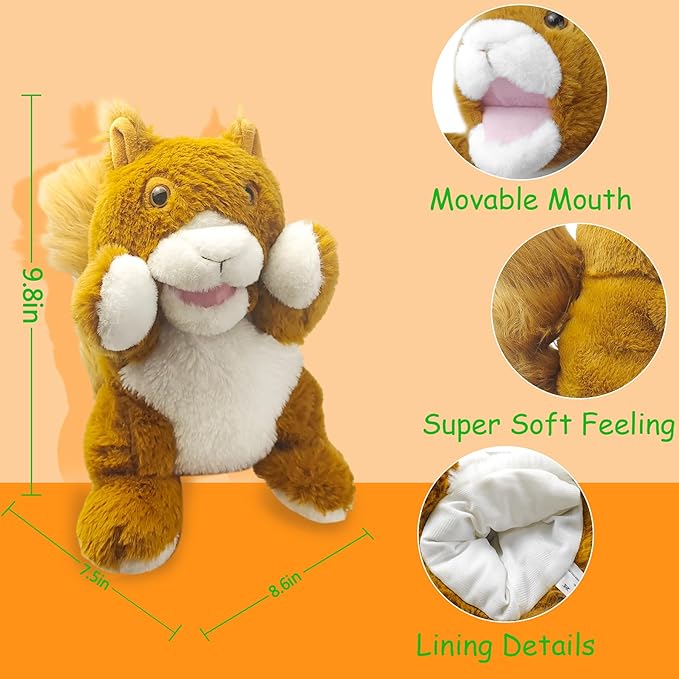 Hand Puppets,10" Squirrel Hand Puppet for Kids,Hand Puppets for Toddlers 1-3 and Kids with Movable Mouth,Sloth Stuffed Animal Plush Puppets Toy Gift for Interactive Storytelling (Squirrel)