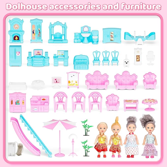 5-Story Dream Doll House for Girls with 19 Rooms, Lights, Dolls, and Furniture - Large DIY Playhouse for Grils Ages 6-16 - Perfect Imaginative STEM Gift for Birthdays & Holidays & Christmas