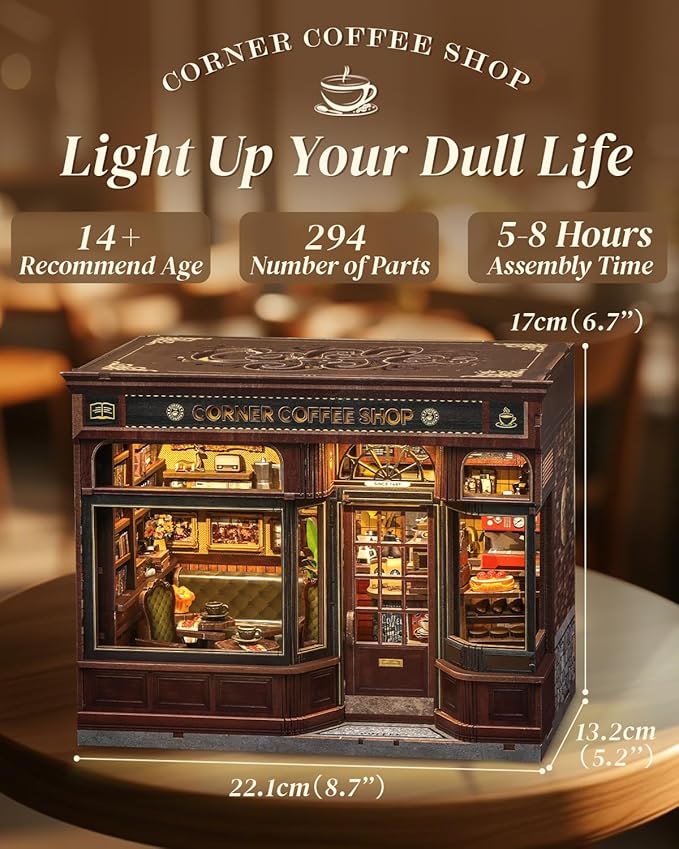 Cutefun Book Nook Kit - DIY Miniature Doll House Kit, Book Nook Kits for Adults, 3D Wooden Puzzle Bookend Bookshelf with LED Light for Cafe Crafts Lovers (Corner Coffee Shop)