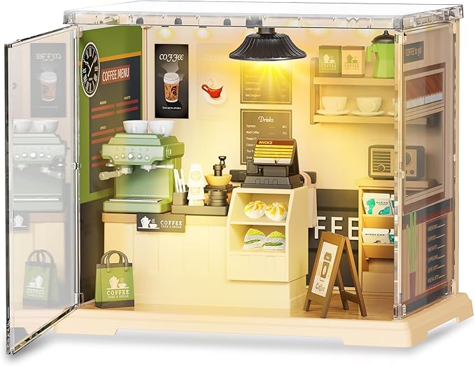 Coffee Shop Tiny House with LED Light Make It Miniature, DIY Miniature House Kit for Adults, Teens, and Beginners, Mini Dollhouse Kit with Home Decor Furniture, Gift for Friends and Hobbies