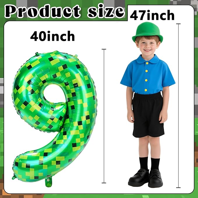 40in TNT Pixel Number 9 Balloon Birthday Decorations, Miner Theme Green Foil Balloons Blast Gaming Party Supplies