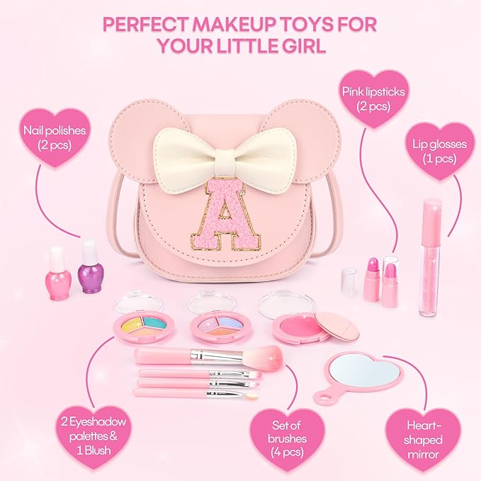 Kids Makeup Kit for Girls - 15 Pcs Real Washable Make Up Set - Non Toxic Toddlers Cosmetic with Letter Mouse Ear Purse - Dress up Birthday Gifts for 3 4 5 6 7 8 Years Old Girls - A