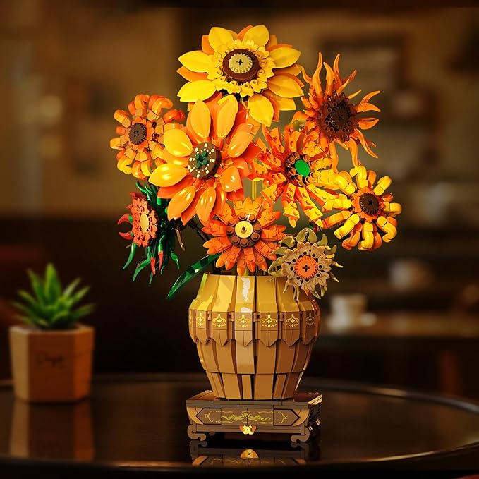 Sunflower Building Set with Lights Vase Base, Flowers Botanical Collection Building Block Home Decor, 1180PCS Art Flower Bouquet Bonsai Plant Building Kit Gift for Adults Teens Girls Boys 12+