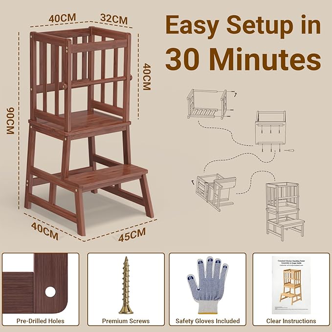 COSYLAND Toddler Kitchen Stool Helper – Stable A-Frame Design Kids Kitchen Step Stool with Protective Crossbar – Wooden Toddler Standing Tower for Learning in Bathroom (Brown)