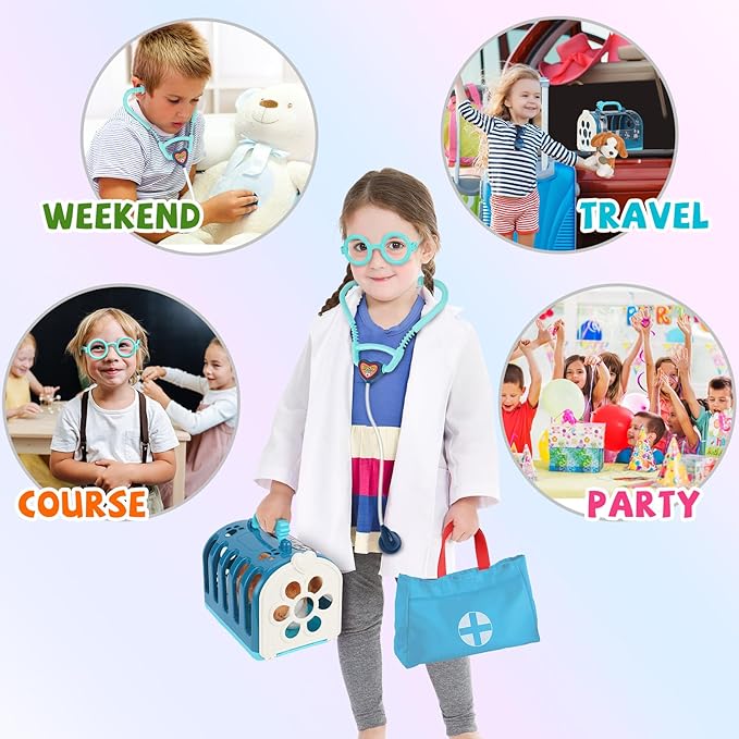 Doctor Kit for Kids with Dog Toy, Girls Boys Vet Playset Kit with Pet Cage & Stethoscope, Veterinarian Pretend Play Toys Doctor Kit for Toddlers Birthday Gift for Age 3 4 5 6 7 8 Years Role Play
