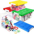 Vicenpal 4 Pack Toy Storage Containers with Lids Brick Shaped Kids Toy Organizer Box Plastic Clear Stackable Bin Chest for Building Block Dolls(Large, Small,Red, Yellow, Blue, Green)