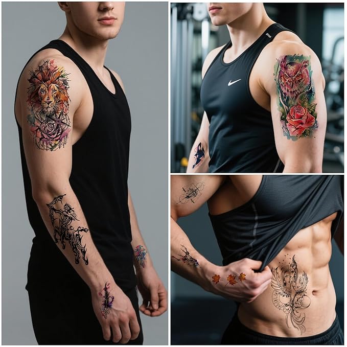 77 Sheets Nature Animal Temporary Tattoo for Women Men, 17 Sheets Half Arm Large Lion Flower Owl Fake Tattoos, 60 Sheets Butterfly Clock Black Tiny for Adult Kids Body Tattoos Stickers Realistic