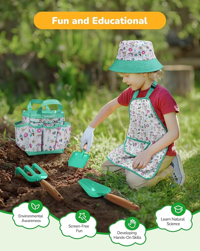 Kids Gardening Set Toys,Includes Metal Trowel,Transplanting Shovel,Garden hat,Rake,Apron,Gloves,Watering Can,and Tool Organizer Bag (Lake Green)