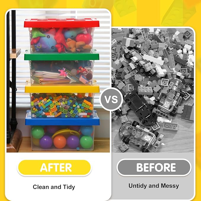 Vicenpal 4 Pack Toy Storage Containers with Lids Brick Shaped Kids Toy Organizer Box Plastic Clear Stackable Bin Chest for Building Block Dolls(Large,Red, Yellow, Blue, Green)