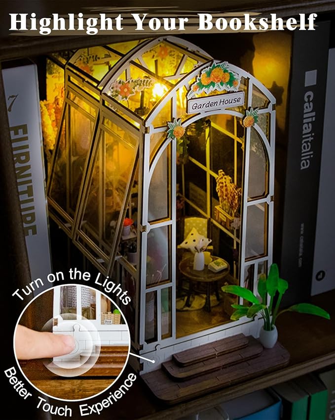 Book Nook Kit Garden House, DIY Miniature Book Nook Kits for Adults with LED Light, 3D Puzzle Bookshelf Decor Gift for Teens Women Family