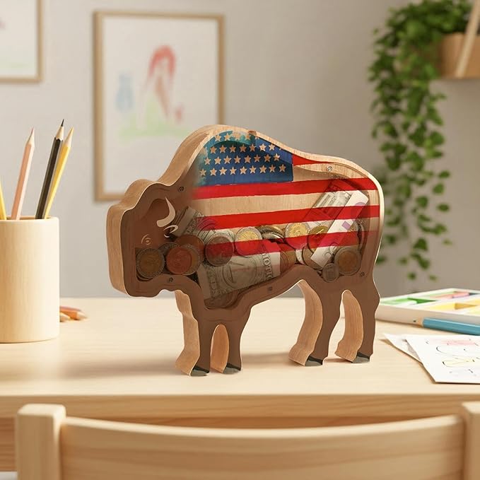 Wooden Bison Piggy Banks for Kids Money Coin Bank, Cute Unbreakable Piggy Bank Kids Safe Money Box, Toddler Birthday Baptism Gifts for Girls Boys Bull Cow Lovers