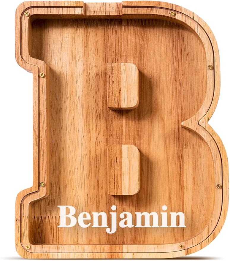 Summidate Customized Name Large Wooden Piggy Bank for Kids Boys Girls Alphabets Letter A-Z Coins Bills Money Change Bank Box Initial on Clear Cover (Laser Engraved) (Alphabet-B, Personalized-9")