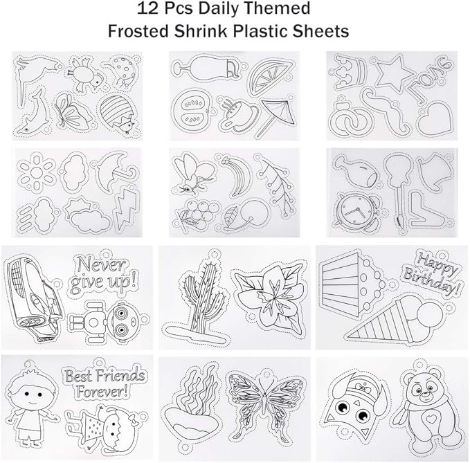 Auihiay 146 PCS Heat Shrink Plastic Sheet Kit Include 20 Shrink Paper with Christmas or Daily Pattern & 3 Blank Shrink Film Paper, Hole Punch, Keychains, Pencils for Kids Craft School Project