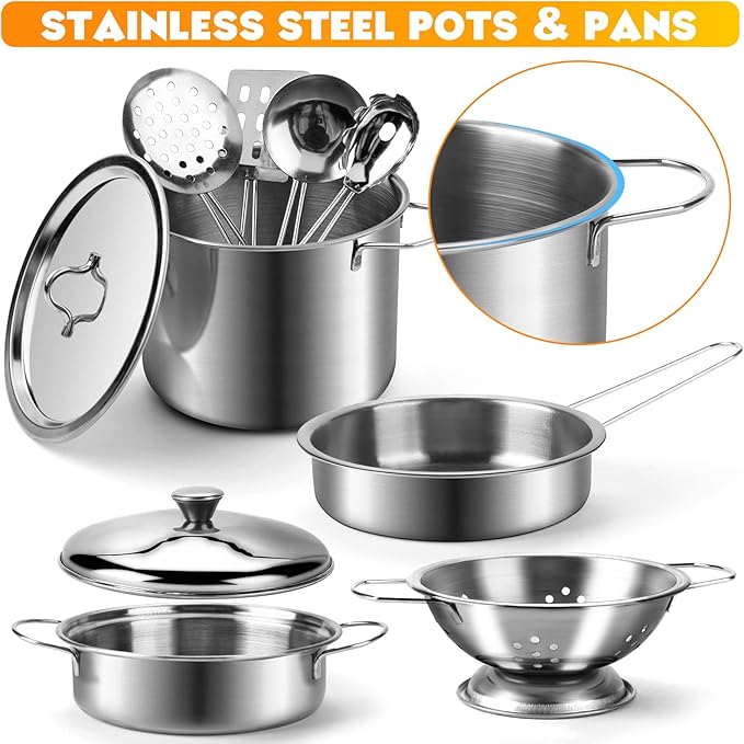 Tigerhu 26PCS Play Kitchen Accessories, Kitchen Pretend Play Cooking Toys w/ Stainless Steel Cookware, Apron & Chef Hat,Pots and Pans Set, Cutting Foods, Great Learning Gifts for Toddler & Boys Girls