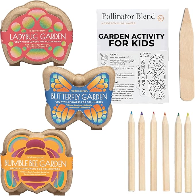 Modern Sprout Curious Critters Garden Activity Kit [3-Pack] Mixed Wildflower Seeds Packet, Butterfly, Ladybug & Bumblebee - Garden Seed Starter Kit - Kids Gardening Set - Sustainable Gardening Gift
